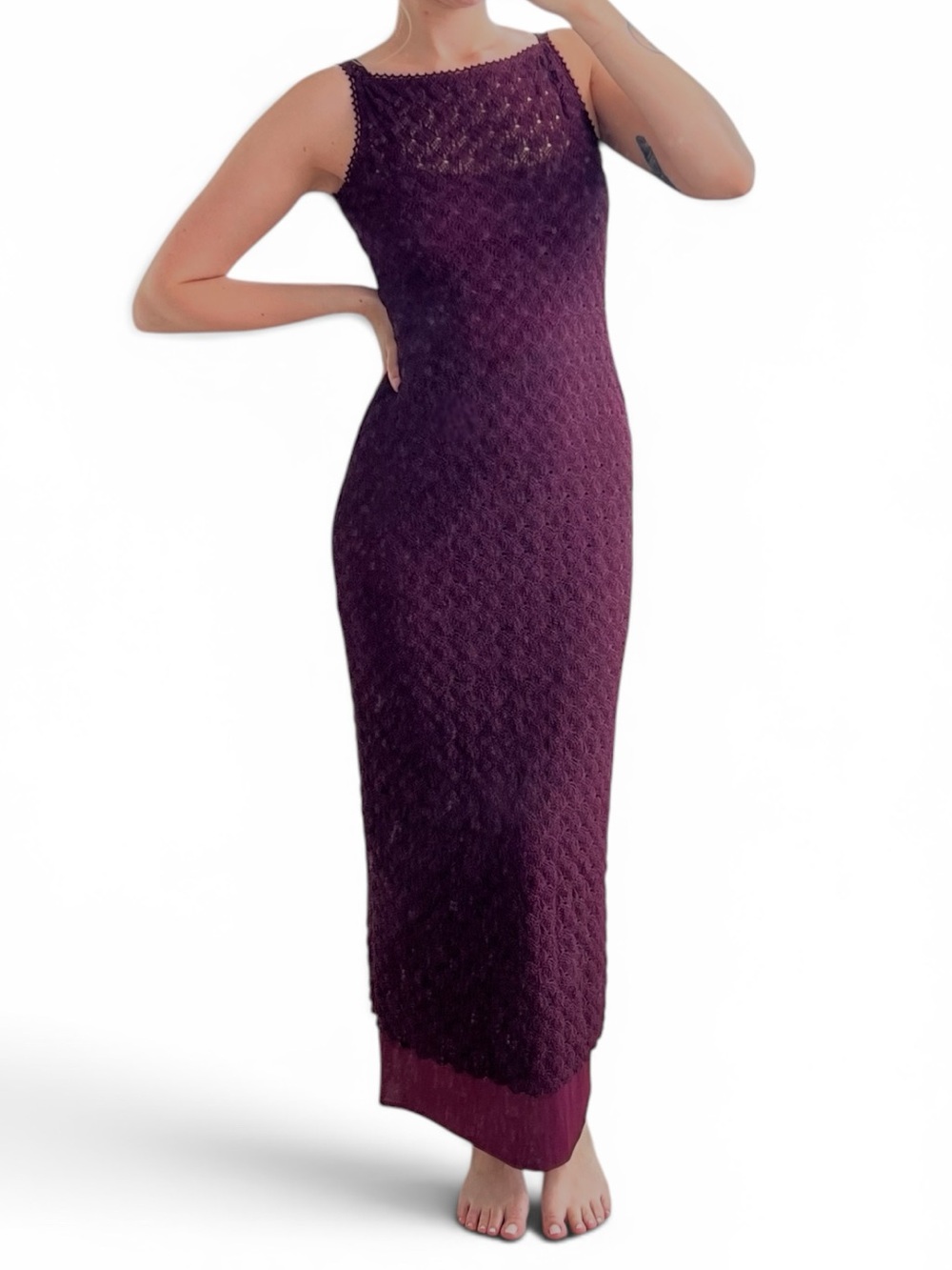 Shelli Segal Sleeveless Burgundy Crochet Maxi Dress